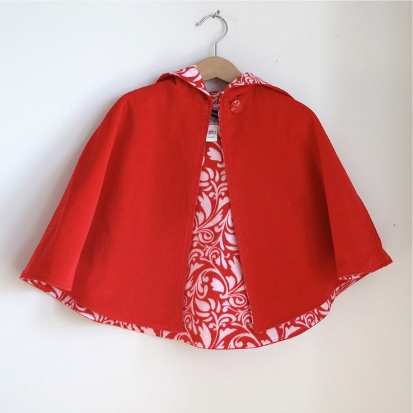 Little Red Riding Hood Cape Toddler Girls Cape with Red & White Scroll Lining - Girls Size 5/6 - cape, cloak, coat, jacket, hoodie