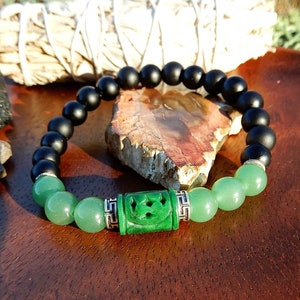 Jade Wealth - Heart Chakra Mala Bracelet -Jade Blessings/Health/Stacking Bracelets/Luck/Onyx Protection/Grounding/Longevity/Inner Strength