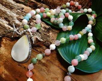 OOAK Soothing Growth Healing Mala 108 Gemstone Mala Necklace/Vintage Sterling Silver MOP Pendant/Pink Striped Agate/Amazonite/Rose Quartz
