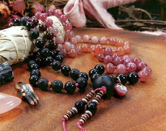 Deeper Passion In Life Mala Necklace/108 Gemstone Hand Knotted Beads/Tourmaline/Red Garnet/Lepidolite/Strawberry and Rose Quartz/Meditation