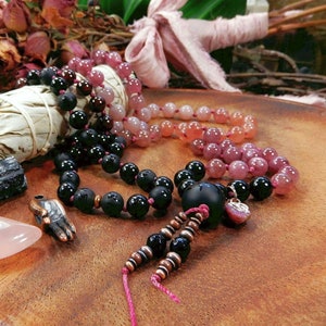Deeper Passion In Life Mala Necklace/108 Gemstone Hand Knotted Beads/Tourmaline/Red Garnet/Lepidolite/Strawberry and Rose Quartz/Meditation