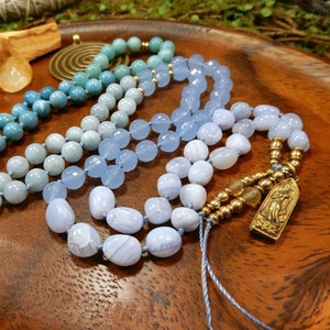 Peaceful Ebb and Flow Mala Necklace/108 Bead Hand Knotted Gemstone Prayer Beads/Water Elements/Enlightenment/Healing/Calming/Meditation