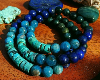 Turquoise & Moss Agate Mala Bracelet, Kyanite Lapis Peace Beads
