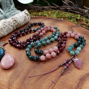 Love Like The Sun Gemstone Mala Necklace/108 Hand Knotted/Green Moss Agate/Growth/Red Garnet/Passion/Rose Aventurine/Prosperity/Meditation