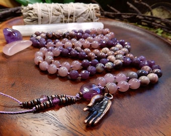 Healing Cocoon Gemstone Mala|108 Bead Hand Knotted|Lavender Rose Quartz|Lepidolite|Porcelain Jasper|Healing|Peace|Nurturing|Meditation