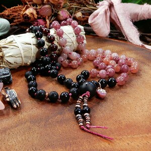 A Deeper Passion Mala Necklace/108 Gemstone Hand Knotted/Tourmaline Protection/Red Garnet/Lepidolite/Strawberry and Rose Quartz/ Meditation