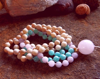 Peaceful Waters 108 Bead Gemstone Mala Necklace/Wrap Bracelet/Amazonite/Rose Quartz/Fossil Jasper/Love/Confidence/Buddhist Meditation/
