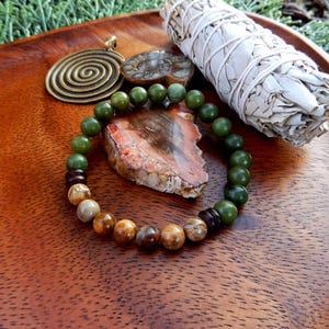 Flowing Blessings - Abundance Gemstone Mala Bracelet/ Jade/Petrified Wood/Grounding Bracelet/Stability/Friendship/Ancient Earth Energy/Luck