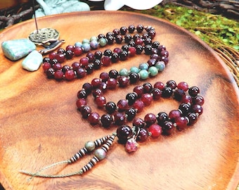 Love Eternal Mala Necklace/108 Bead Hand Knotted Gemstone/Flow of Chi/Protection/Positive Energy/Red Garnet/Ruby Kyanite/Meditation