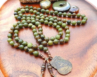 Flowing Blessings/Jade 108 Gemstone Crystal Mala Necklace/Hand Knotted Prayer Beads/Manifest Goals/Prosperity/Luck/Peace/Harmony/Meditation