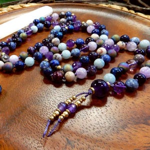 Aurora Night Sky 108 Bead Peace Mala Necklace/Hand Knotted Gemstone Prayer Beads/Tiger Eye/Amethyst/Lapis/Sodalite/Aquamarine/Meditation
