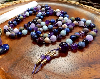 Aurora Night Sky 108 Bead Peace Mala Necklace/Hand Knotted Gemstone Prayer Beads/Tiger Eye/Amethyst/Lapis/Sodalite/Aquamarine/Meditation