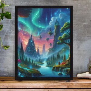 Poster da parete - Aurora's Edge: Astral Valley, splendida stampa artistica fantasy, decorazione con paesaggio celeste, perfetta per casa, ufficio o studio