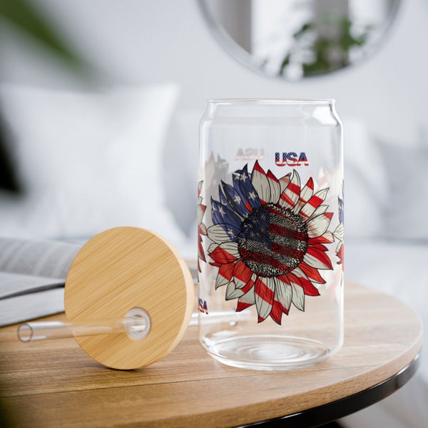 Patriotic Sunflower, USA-themed glassware, American flag design, Red White Blue, Americana style, Stars and stripes motif, Collector's item
