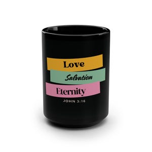 Faith-Inspired Black Mug ,Inspirational Gift, Religious Coffee Cup, Unique Bible Verse Decor, Christian Homeware, 15oz for Any Occasion.