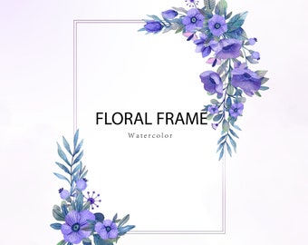 May include: A watercolor floral frame with purple flowers and green leaves. The text "FLORAL FRAME Watercolor" is in the center of the frame.