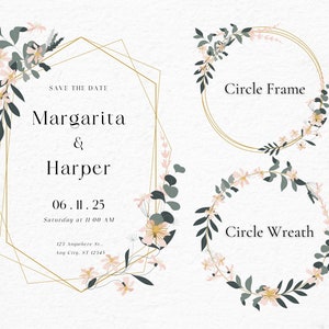 Eucalyptus Frame Clipart Set, Watercolor Gold Circle Frame Png, Wedding Green Frame Clipart, Botanical Gold Clipart Leaf, Wedding Cards