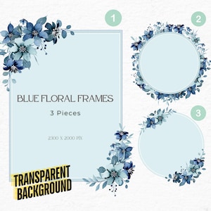 Watercolor Blue Floral Set, Blue Flower Clipart Png, Botanical Wedding Wreath, Floral Frame Png, Circle Floral Frame, Digital Wreath Png