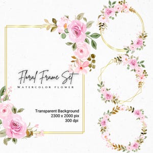 以下が含まれることがあります： ピンクの花と金の幾何学模様のフレームが付いた水彩画の花のフレーム3点セット。デザインに上品さを加えるのに最適です。