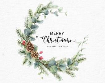 Clipart kerstkrans aquarel: png-lijst hulst (digitale download)