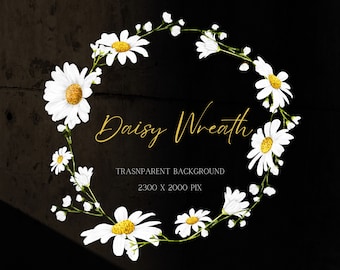 Watercolor Daisy Wreath PNG, Daisy Birth Flower Clipart, Spring Floral Frame, Watercolor Flower Clipart, White Flower Clipart Frame
