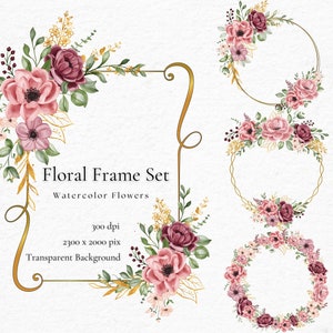 Aquarell Blumen Rahmen Set, Goldrahmen digitaler Download, Hochzeit Karte Rahmen, Kranz Clipart Set, Vintage digitaler Rahmen, Hochzeitsrahmen
