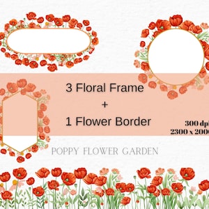 Poppy Flower Garden Png, Poppy Flower Border, Watercolor Flower Frame Set, Digital Download Flower, Watercolor Garden, Red Flower Garden