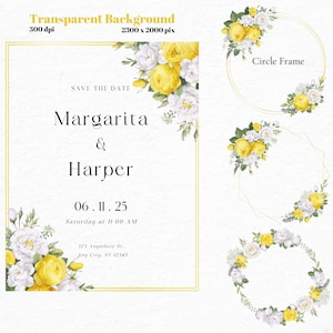 Conjunto de molduras de rosas amarelas aquarela, pacote de guirlandas, guirlanda floral png, guirlanda de flores de rosas brancas, clipart de guirlanda, cartão de convite de casamento