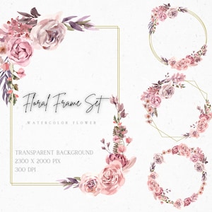 Watercolor Floral Frame Png, Rose Wreath Clipart, Pink Flower Wreath Png, Wedding Floral Frame, Digital Flower Frame, Christmas Gift