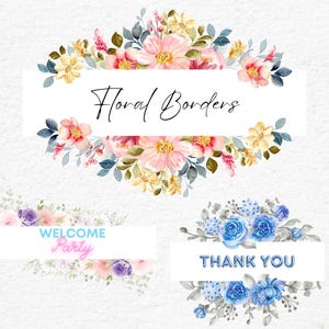 Blumen-Grenzset Png, Aquarell-Wildblumen-Grenze, Rosen-Blumen-Clipart, Botanische Blumenrahmen-Grenze PNG, digitale Grenze, rechteckig