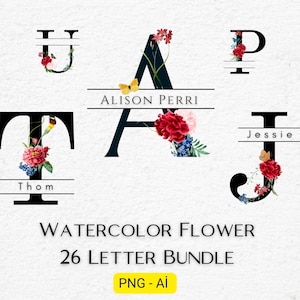 Pacote de letras de flores em aquarela, monograma dividido, sobrenome PNG, monograma inicial, clipart do alfabeto Flourish, letras de flores digitais