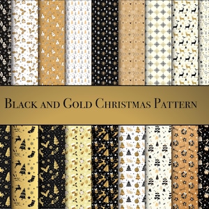 Black and Gold Christmas Patterns, Seamless Christmas Digital Papers, Christmas Digital Paper Pack, Black and Gold Designs, Gift Box Papers