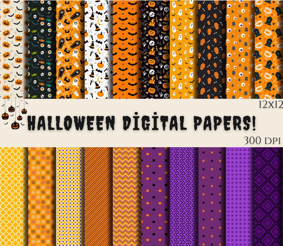 Halloween Digital Papers, Halloween Scrapbook Paper, Orange & Black ...