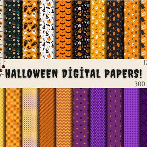 Halloween Digital Papers, Halloween Scrapbook Paper, Orange & Black Patterns, Vintage Digital Design, Trick or Treat Scrapbook Papers