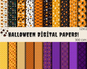 Może przedstawiać: Zestaw 24 cyfrowych papierów z wzorami o tematyce Halloween w kolorze pomarańczowym, żółtym, fioletowym i czarnym. Wzory obejmują dynie, nietoperze, duchy, czaszki i cukierki w kształcie kukurydzy. Papiery mają rozmiar 30,5 x 30,5 cm i rozdzielczość 300 DPI. "HALLOWEEN DIGITAL PAPERS!" jest napisane czarnym tekstem na beżowym tle.