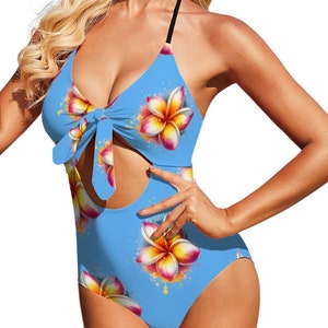 Tropical Plumeria Hawaiian Theme Blue Lace-Up One-Piece Swimsuit for Women (Sizes S-2XL) – Buy Matching Sarong & Sun Dress!