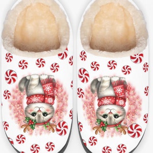 Christmas Cat Fluffy Bedroom Slippers Holiday Season Warm Kitty Kat House Shoes
