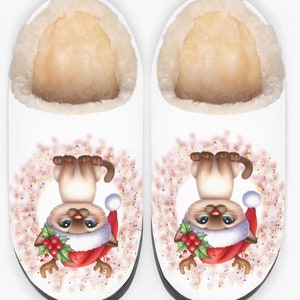 Christmas Cat Slippers Holiday Season Warm Kitty Kat House Shoes