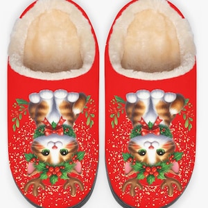 Christmas Kitty Kat Fluffy Bedroom Slippers Holiday Reindeer Cat House Shoes