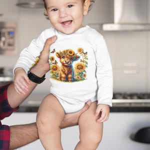 Baby Cow & Sunflowers Long Sleeve Baby Bodysuit | Cute Farm Animal Baby Outfit | Rustic Farmhouse Baby Clothes