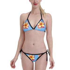 Tropical Plumeria Hawaiian Theme Blue Bikini for Women One Size – Buy Matching Sarong & Sun Dress!
