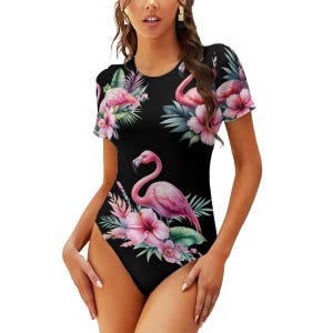 Flamingo Bodysuit Swimsuit | Tropical Design | Cruisewear | Beachwear | Pool | Vacation | Bathing Suit | Women&#39;s One-Piece Suit | 6 Colors