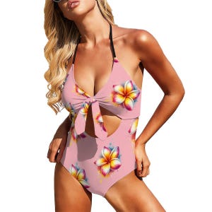 Tropical Plumeria Hawaiian Theme Pink Lace-Up One-Piece Swimsuit for Women (Sizes S-2XL) – Buy Matching Sarong & Sun Dress!