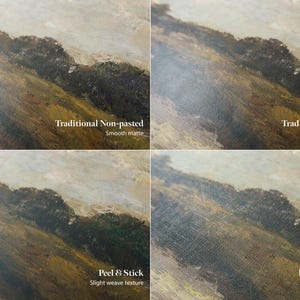 The image is a collage of four images showing different textures and finishes of traditional non-pasted and traditional pre-pasted paintings.