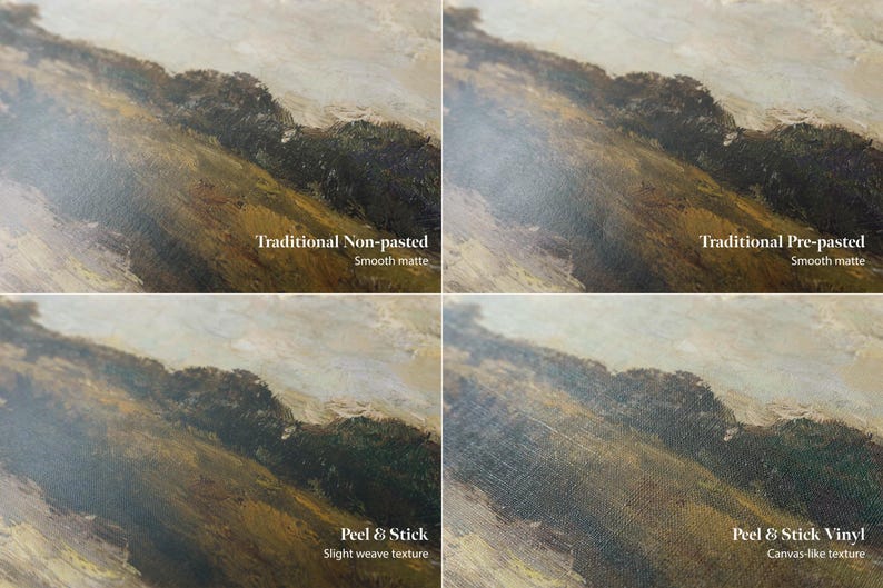 The image is a collage of four images showing different textures and finishes of traditional non-pasted and traditional pre-pasted paintings.