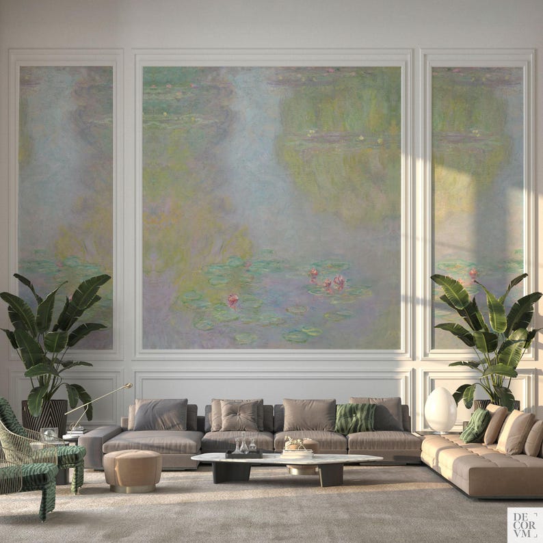 Claude Monet Peel and Stick oder Traditionelle Tapete von Seerosen in Pastellfarben für die Wanddekoration. MON012 Bild 9