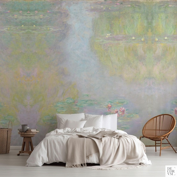 Claude Monet Peel and Stick or Traditional wallpaper of Water Lilies in pastel colors for wall decoration. MON012