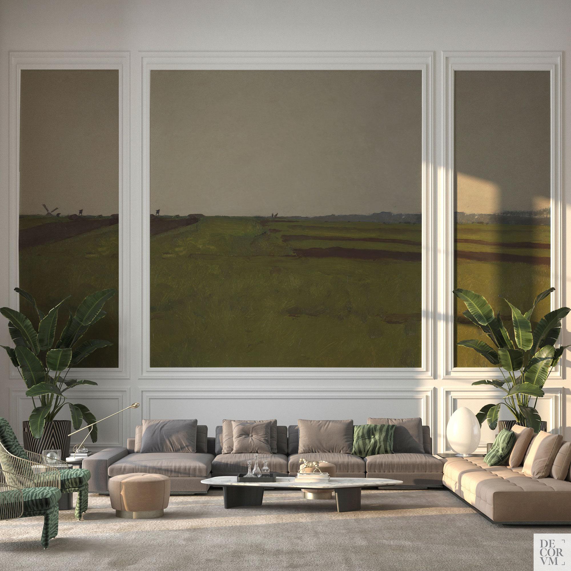 Minimalist wall art with a Dutch autumn landscape, wallpaper with lake and rainy sky. Hotel decor, relaxed wall art. LAN064