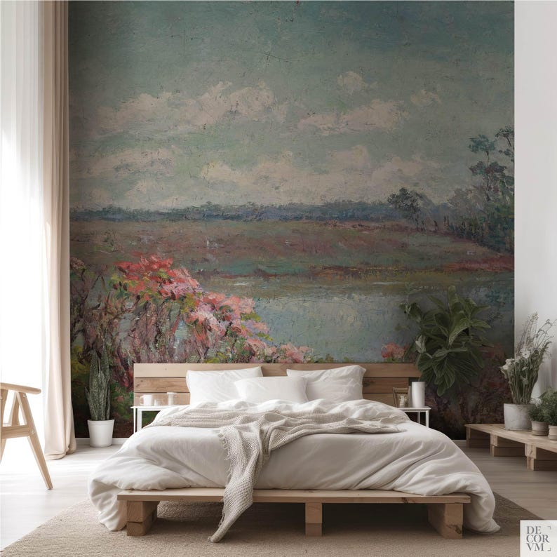 Rosa blommor, väggmålning, landskap. Blomsteräng vid sjön. Amerikansk impressionistisk konst. LAN058 bild 15