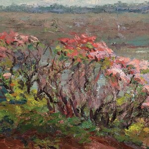 Rosa blommor, väggmålning, landskap. Blomsteräng vid sjön. Amerikansk impressionistisk konst. LAN058 bild 14